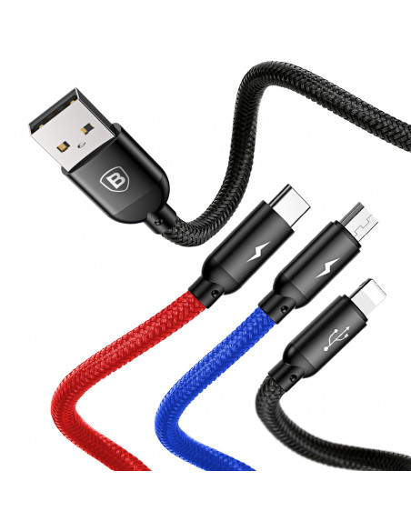 
3in1 laidas USB-A - micro USB / iPhone Lightning / USB-C 3.5A 0.3m - juodas
