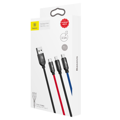 
3in1 laidas USB-A - micro USB / iPhone Lightning / USB-C 3.5A 0.3m - juodas
