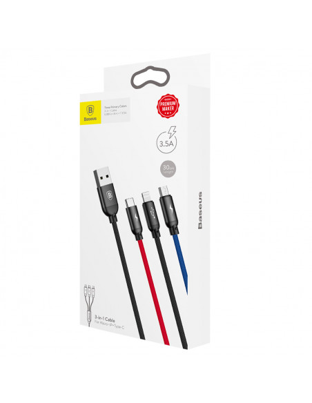 
3in1 laidas USB-A - micro USB / iPhone Lightning / USB-C 3.5A 0.3m - juodas
