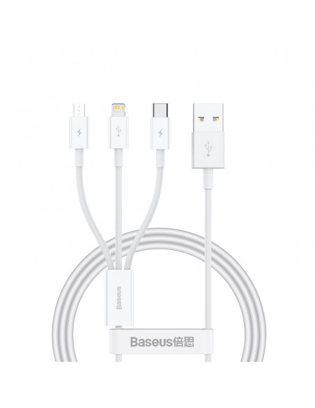 
3in1 laidas Superior Series USB-A - USB-C / Lightning / micro USB 3.5A 1m - baltas
