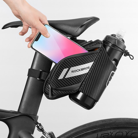 
Dviračio krepšys po sėdyne su kišene 1,5 l buteliui – juodas
