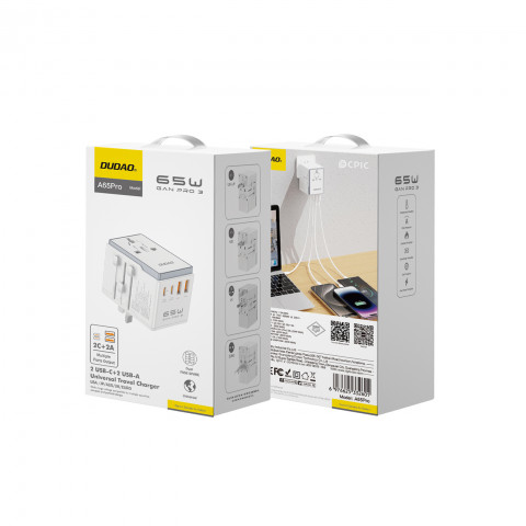 
Universalus įkroviklis kelioniniam adapteriui 65W ES / JAV / JP / AUS / JK 2x USB-C 2x USB-A - baltas
