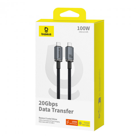 
„Crystal Shine“ USB-C – USB-C USB 3.2 100 W 20 Gbps 1,5 m kabelis – juodas
