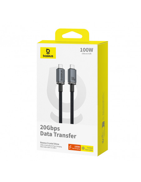 
„Crystal Shine“ USB-C – USB-C USB 3.2 100 W 20 Gbps 1,5 m kabelis – juodas
