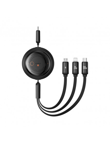 
3in1 universalus ištraukiamas laidas USB-C - Lightning / USB-C / Micro USB 100W 1.1m - juodas
