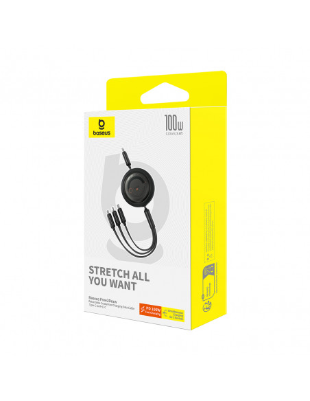 
3in1 universalus ištraukiamas laidas USB-C - Lightning / USB-C / Micro USB 100W 1.1m - juodas
