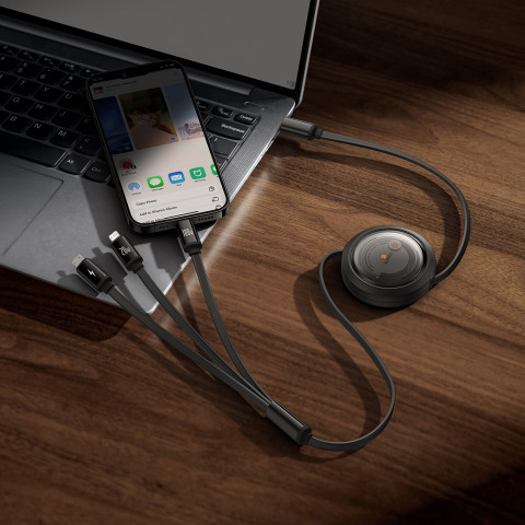 
3in1 universalus ištraukiamas laidas USB-C - Lightning / USB-C / Micro USB 100W 1.1m - juodas
