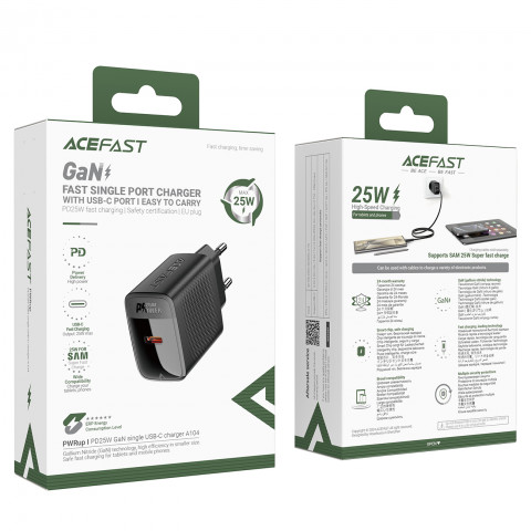 
A104 GaN USB-C PD SFC 25W sieninis įkroviklis – juodas
