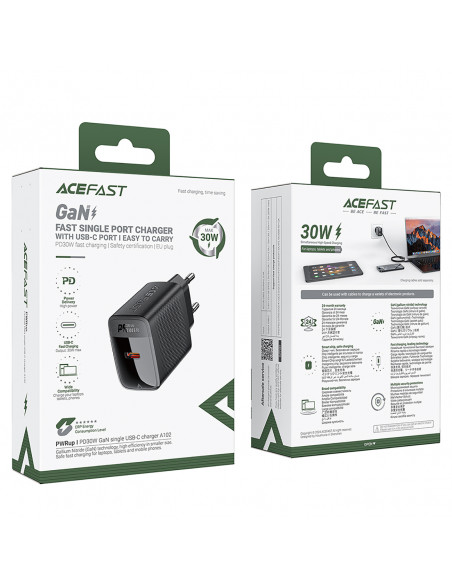 
A102 GaN USB-C PD 30W sieninis įkroviklis – juodas
