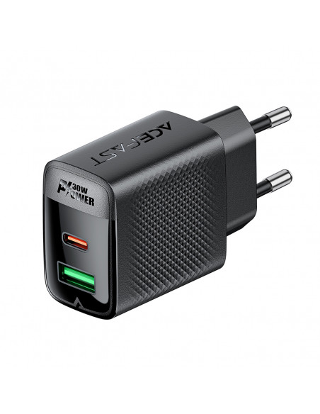 
A98 GaN USB-A USB-C PD 30W sieninis įkroviklis – juodas
