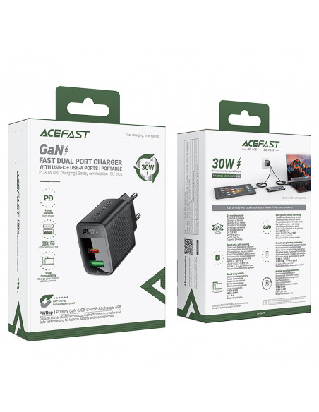 
A98 GaN USB-A USB-C PD 30W sieninis įkroviklis – juodas
