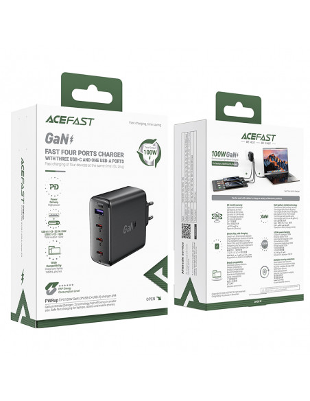 
A94 GaN2 USB-A 3x USB-C PD 100W sieninis įkroviklis – juodas
