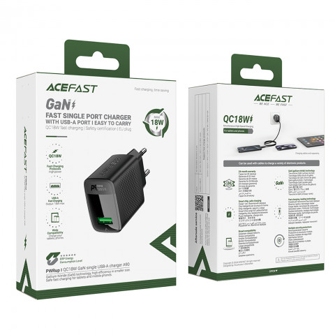 
A90 GaN USB-A QC 18W sieninis įkroviklis – juodas
