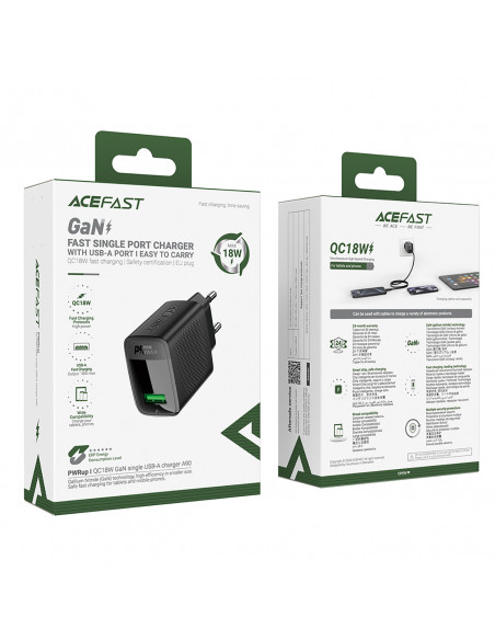 
A90 GaN USB-A QC 18W sieninis įkroviklis – juodas
