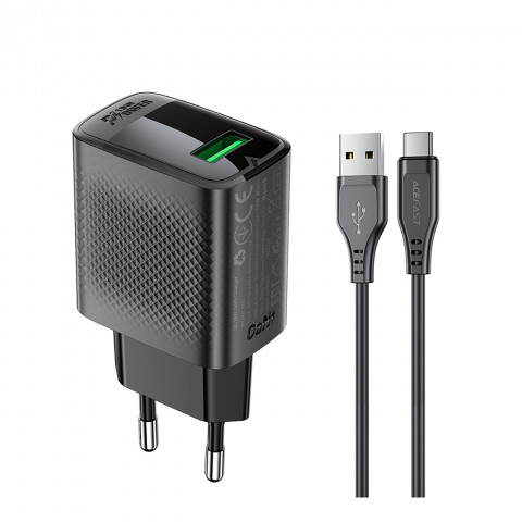 
A90 GaN USB-A QC 18W sieninis įkroviklis + USB-C laidas – juodas
