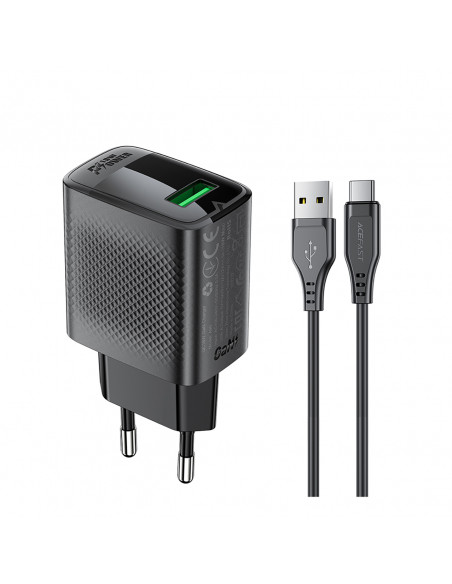
A90 GaN USB-A QC 18W sieninis įkroviklis + USB-C laidas – juodas
