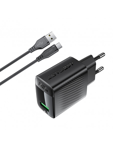 
A90 GaN USB-A QC 18W sieninis įkroviklis + USB-C laidas – juodas
