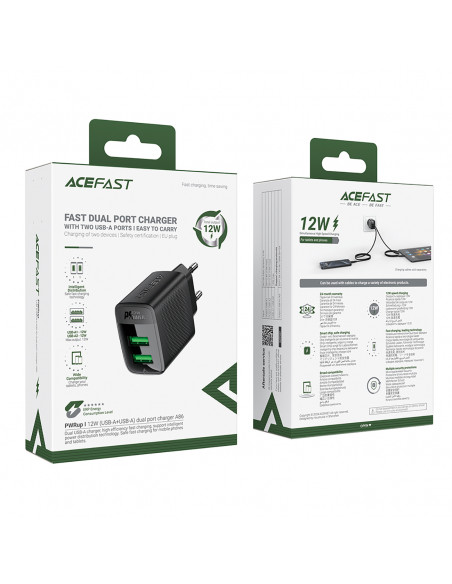 
A86 2x USB-A 12W sieninis įkroviklis - juodas
