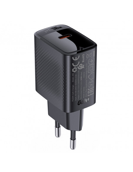 
A82 GaN USB-C PD 20W sieninis įkroviklis – juodas
