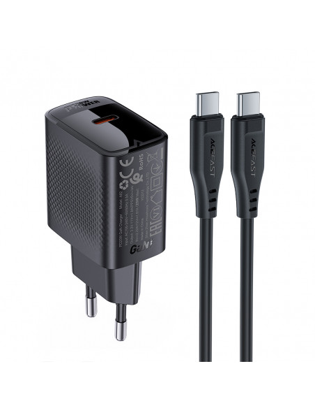
A82 GaN USB-C PD 20W sieninis įkroviklis – juodas + USB-C / USB-C laidas
