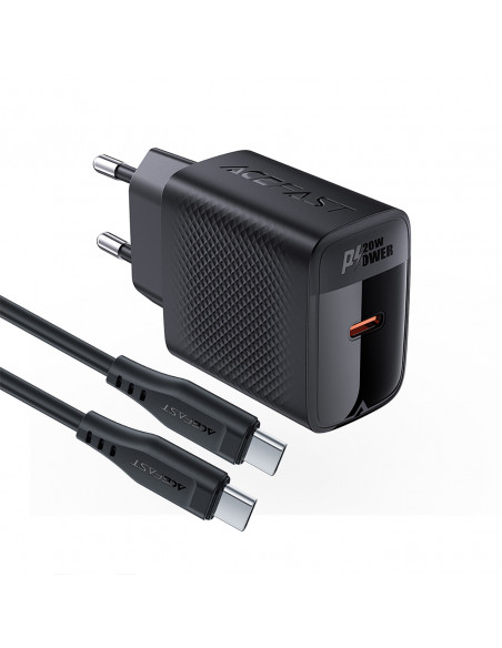 
A82 GaN USB-C PD 20W sieninis įkroviklis – juodas + USB-C / USB-C laidas
