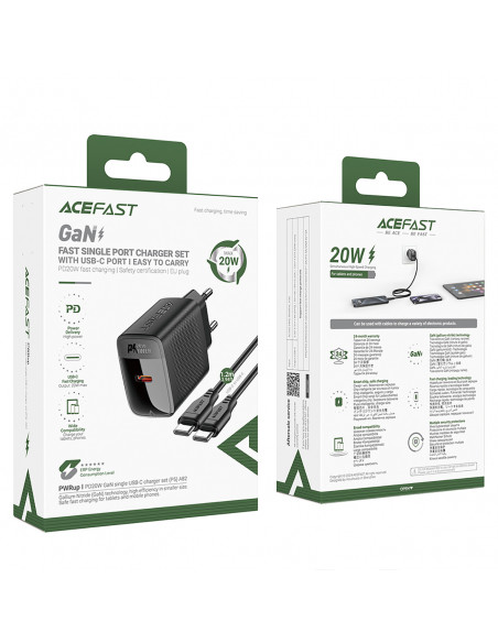 
A82 GaN USB-C PD 20W sieninis įkroviklis – juodas + USB-C / USB-C laidas
