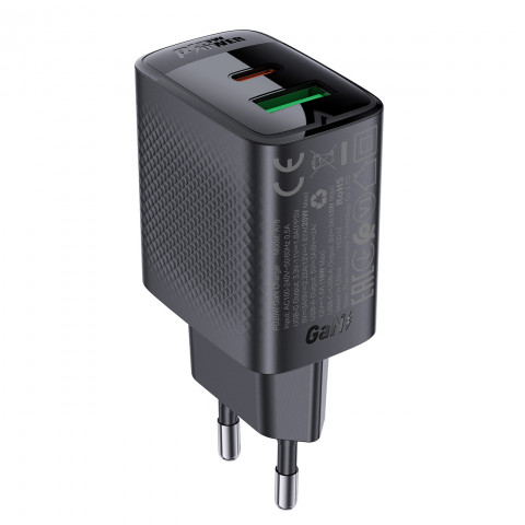 
A78 GaN USB-A USB-C PD 20W sieninis įkroviklis – juodas
