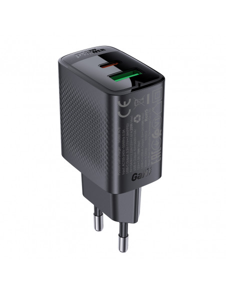 
A78 GaN USB-A USB-C PD 20W sieninis įkroviklis – juodas
