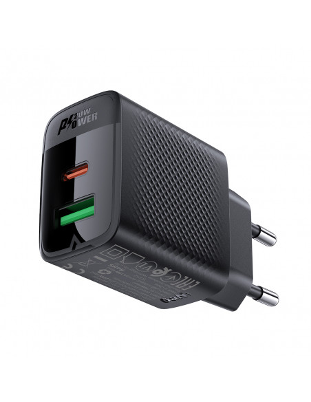 
A78 GaN USB-A USB-C PD 20W sieninis įkroviklis – juodas
