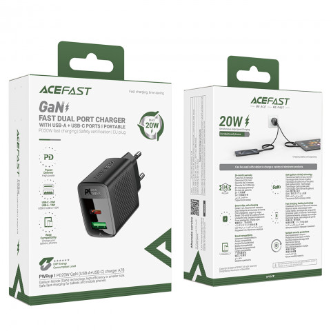 
A78 GaN USB-A USB-C PD 20W sieninis įkroviklis – juodas
