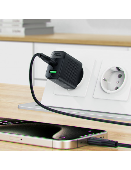 
A78 GaN USB-A USB-C PD 20W sieninis įkroviklis – juodas
