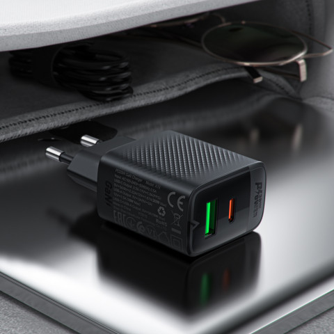 
A78 GaN USB-A USB-C PD 20W sieninis įkroviklis – juodas
