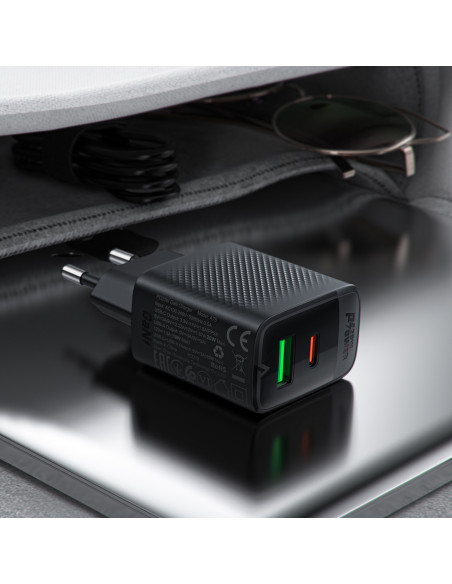 
A78 GaN USB-A USB-C PD 20W sieninis įkroviklis – juodas
