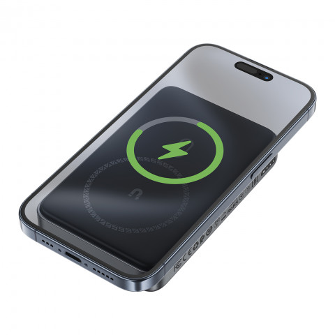 
Magnetinė išorinė baterija 10000mAh, indukcinė, 2x USB-C PD 30W + USB-C laidas - juoda
