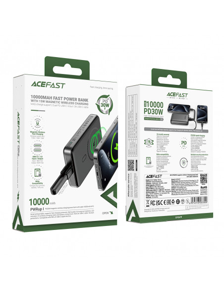 
Magnetinė išorinė baterija 10000mAh, indukcinė, 2x USB-C PD 30W + USB-C laidas - juoda
