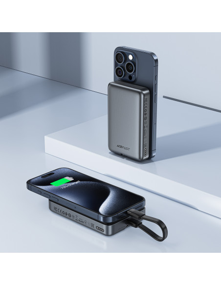 
Magnetinė išorinė baterija 10000mAh, indukcinė, 2x USB-C PD 30W + USB-C laidas - juoda
