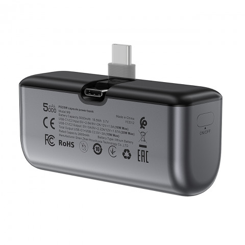 
MINI išorinė baterija 5000mAh telefonui USB-C PD 20W - juoda
