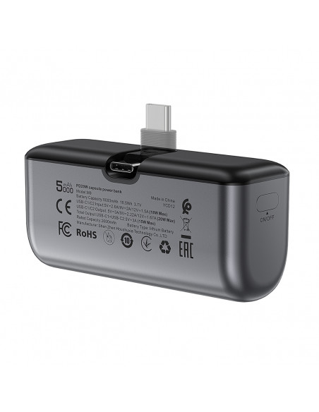 
MINI išorinė baterija 5000mAh telefonui USB-C PD 20W - juoda
