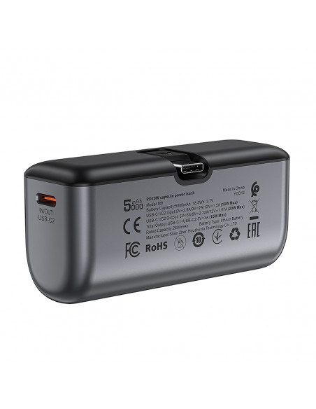 
MINI išorinė baterija 5000mAh telefonui USB-C PD 20W - juoda
