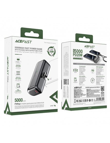 
MINI išorinė baterija 5000mAh telefonui USB-C PD 20W - juoda
