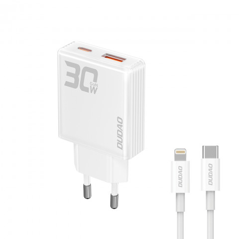 
GaN A30EUL 30W USB-A USB-C sieninis įkroviklis + USB-C – „Lightning“ laidas – baltas
