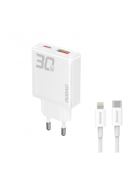 
GaN A30EUL 30W USB-A USB-C sieninis įkroviklis + USB-C – „Lightning“ laidas – baltas
