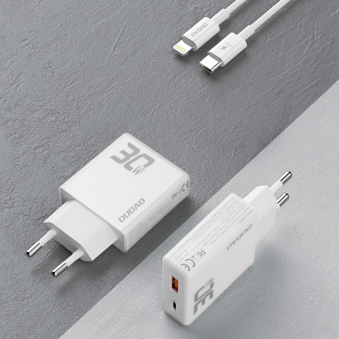 
GaN A30EUL 30W USB-A USB-C sieninis įkroviklis + USB-C – „Lightning“ laidas – baltas
