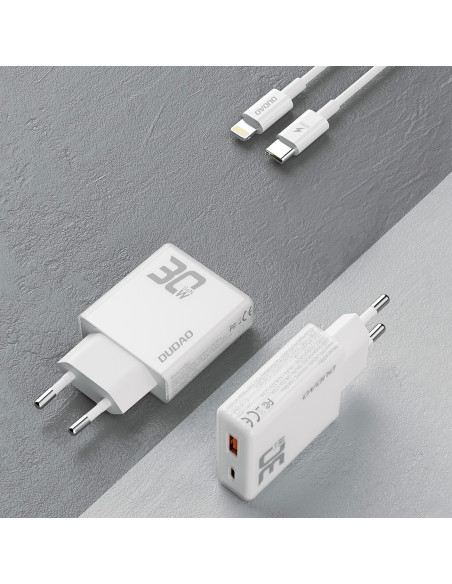 
GaN A30EUL 30W USB-A USB-C sieninis įkroviklis + USB-C – „Lightning“ laidas – baltas
