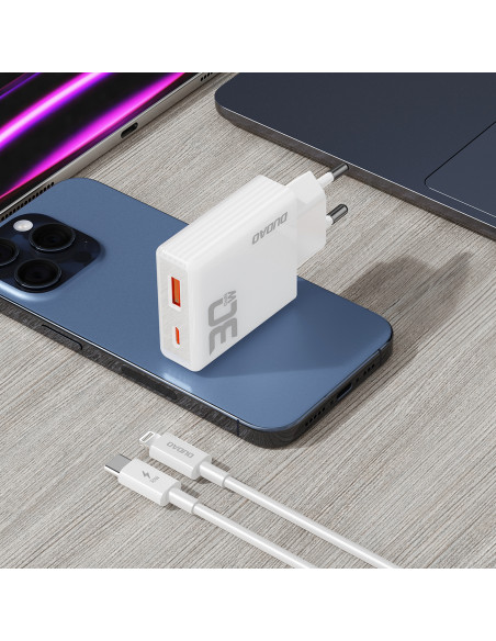 
GaN A30EUL 30W USB-A USB-C sieninis įkroviklis + USB-C – „Lightning“ laidas – baltas
