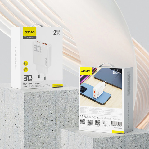 
GaN A30EUL 30W USB-A USB-C sieninis įkroviklis – baltas
