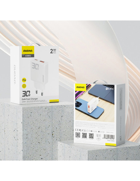 
GaN A30EUL 30W USB-A USB-C sieninis įkroviklis – baltas
