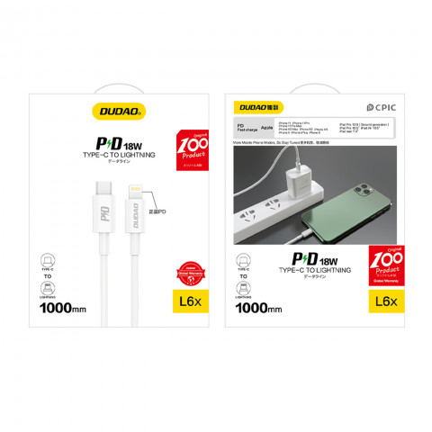 
L6X USB-C – iPhone Lightning PD 20W 1m laidas – baltas
