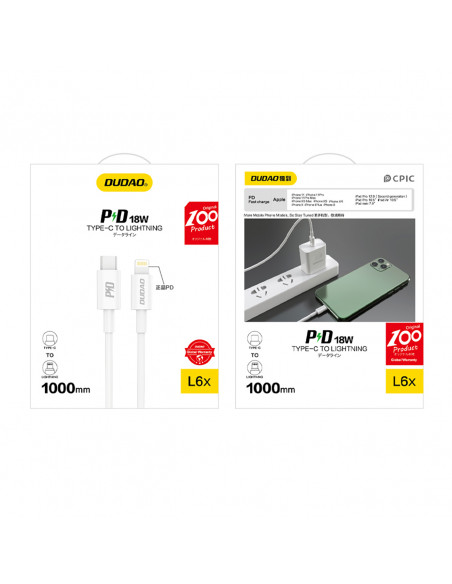 
L6X USB-C – iPhone Lightning PD 20W 1m laidas – baltas
