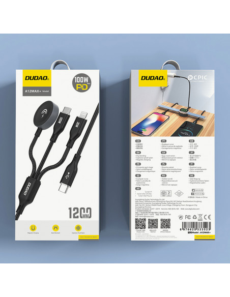 
3in1 laidas USB-C - USB-C / iPhone Lightning / Apple Watch įkroviklis PD 100W 1.2m - juodas
